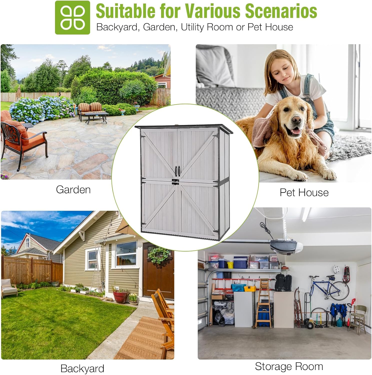 GUTINNEEN 4.6x2.42FT Sheds & Outdoor Storage Shed with All Around Metal Frame,Wooden Tool House with Adjustable Shelfs, Garden Tool Shes for Backyard Garden Patio Lawn, White