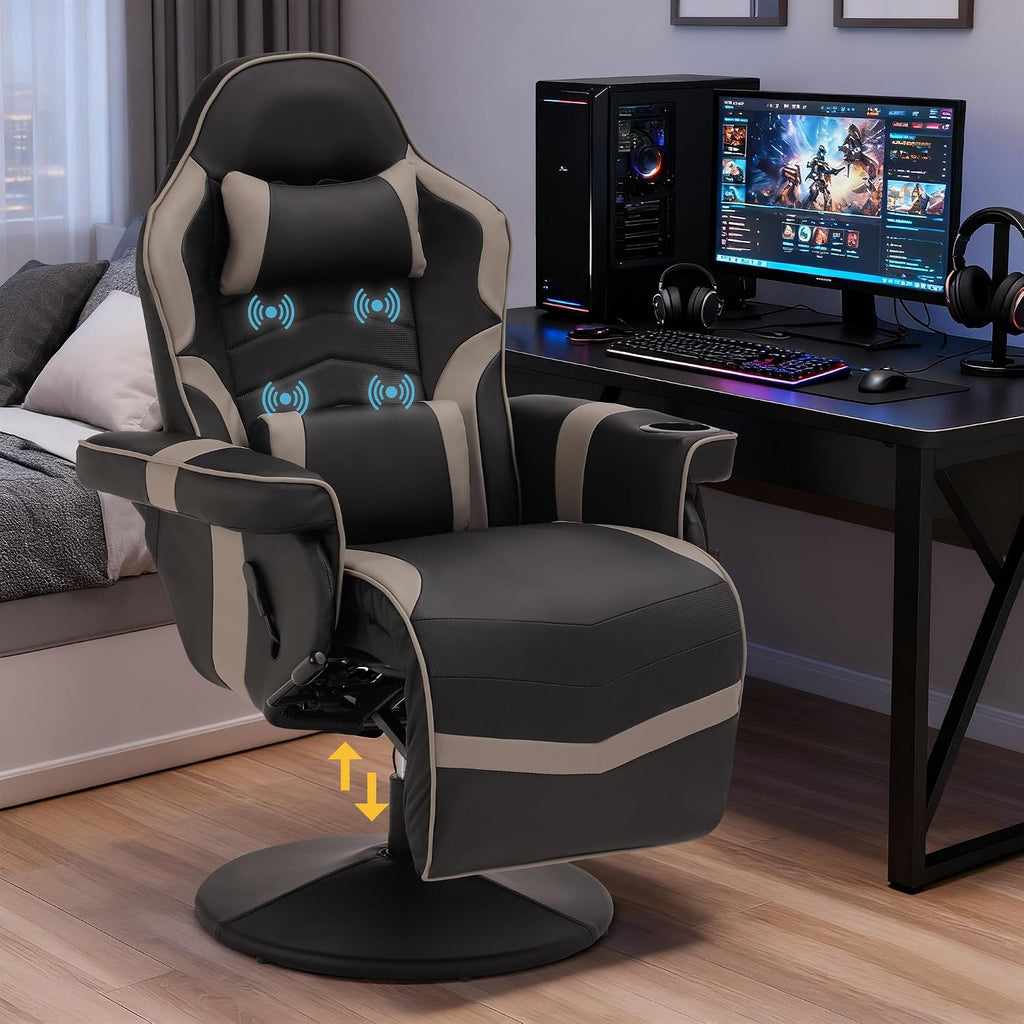 Game Reclining Chair with Adjustable Height, PU Gaming Chair with Massage, Long Footrest and Lumbar Support, High Back Swivel Computer Game Chair for Adult (Gray)