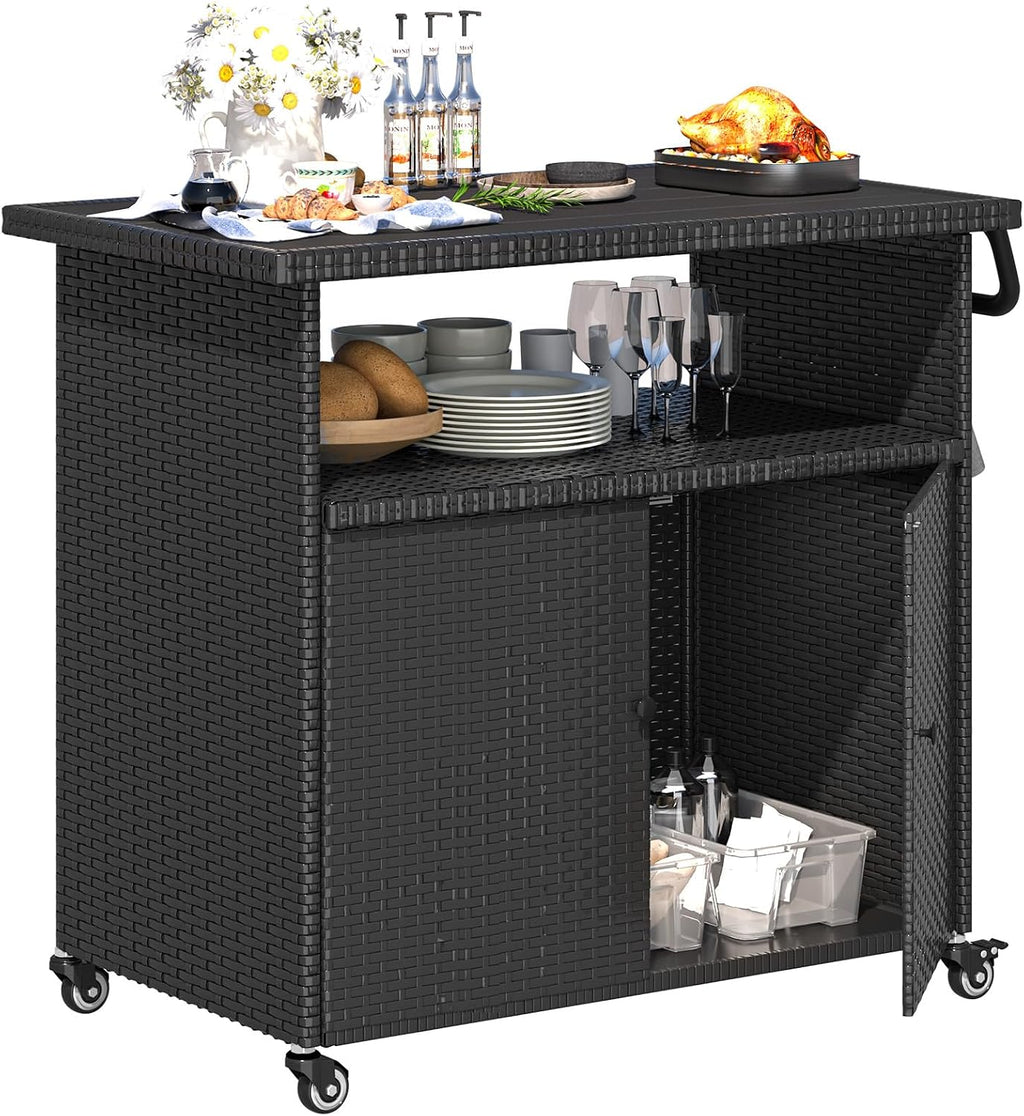 Outdoor Storage Cabinet on Wheels for Patio Outdoor Rattan Bar Cart on Wheels Storage Kitchen Cabinet Waterproof for Grill Outdoor Sideboard for Outside, Pool, Backyard Bar, Parties, Poolside