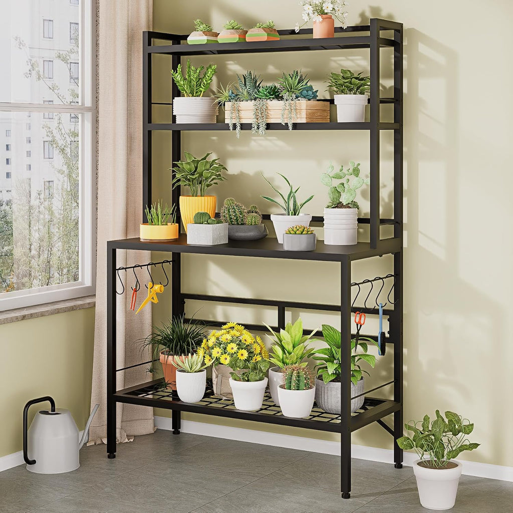 Outdoor Potting Bench Table with Storage, 63' Tall Metal Garden Workstation, 4-Tier Plant Stand Shelves with 8 Hooks, Heavy Duty All-Weather Potting Table for Patio, Backyard, Balcony, Black