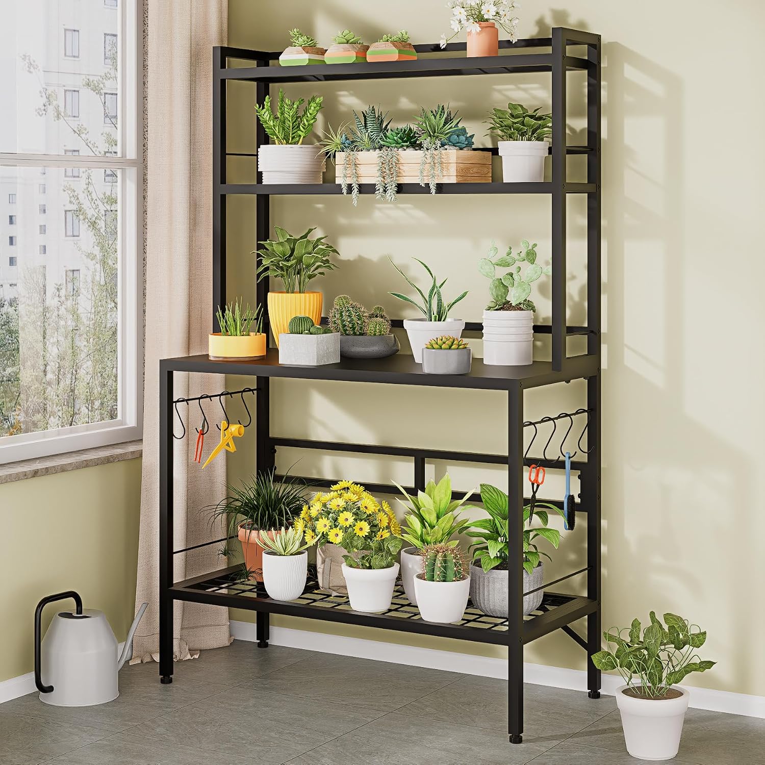 Outdoor Potting Bench Table with Storage, 63' Tall Metal Garden Workstation, 4-Tier Plant Stand Shelves with 8 Hooks, Heavy Duty All-Weather Potting Table for Patio, Backyard, Balcony, Black