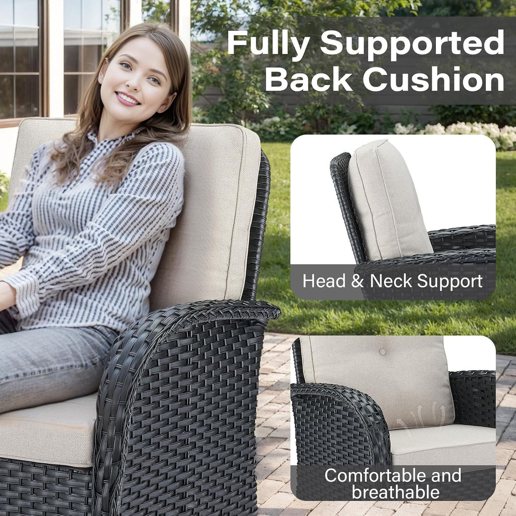 Belord 5 Pieces Patio Furniture Set with 30' Propane Fire Pit Table, Deep Seating Swivel Rocker Glider Outdoor Chairs Set of 4 with Side Table Set of 2 Patio Conversation Set Black Wicker