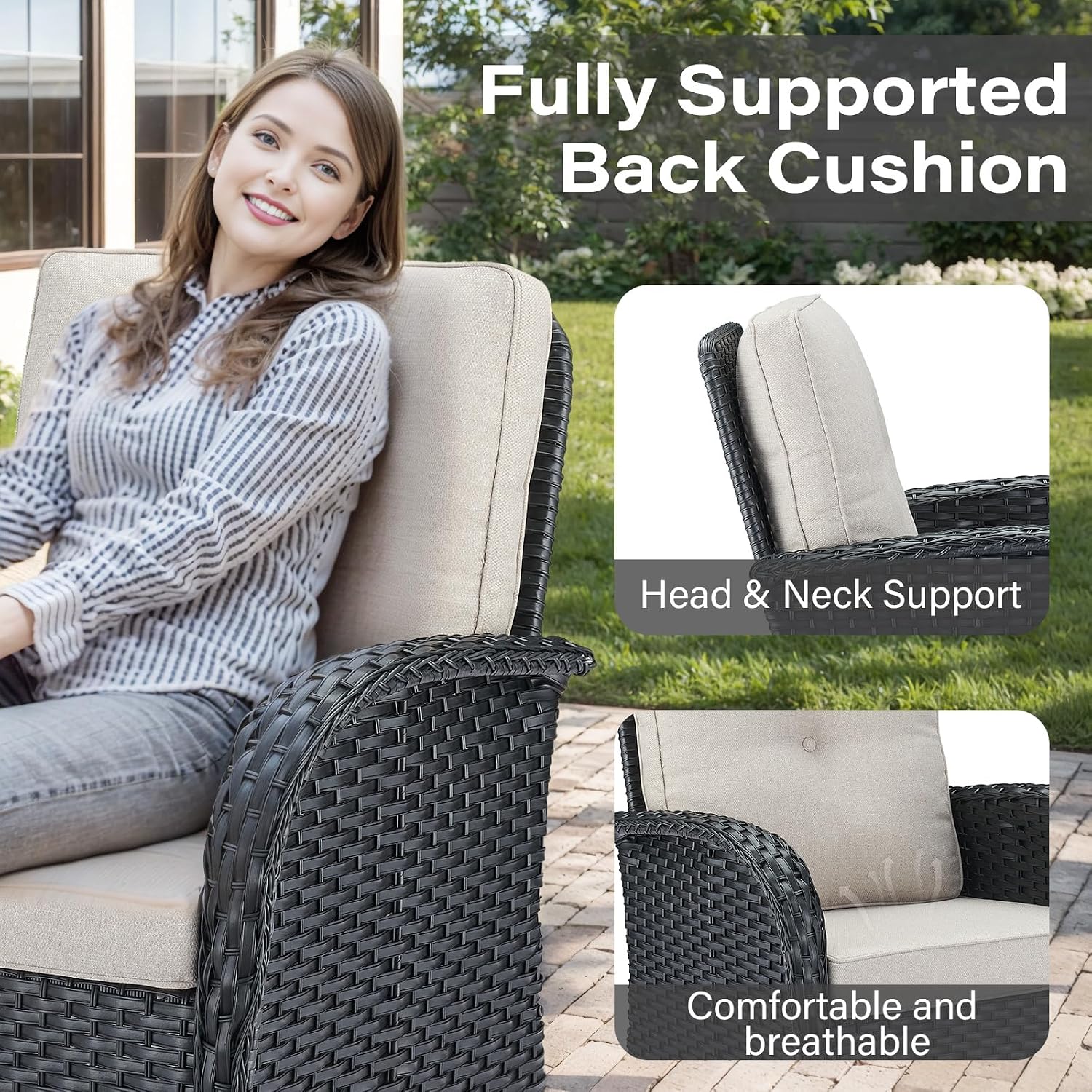 Belord 5 Pieces Patio Furniture Set with 30' Propane Fire Pit Table, Deep Seating Swivel Rocker Glider Outdoor Chairs Set of 4 with Side Table Set of 2 Patio Conversation Set Black Wicker