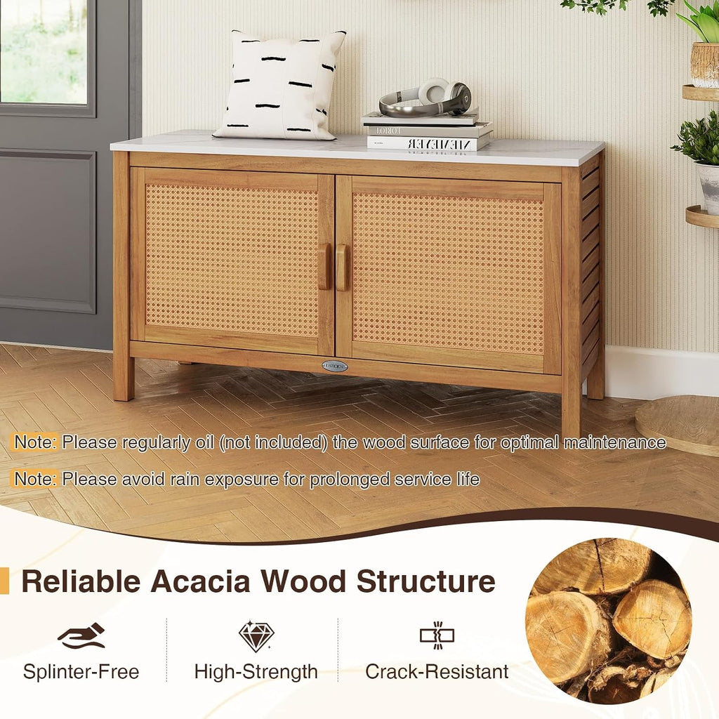 Goplus Outdoor Console Table, Acacia Wood Patio Storage Cabinet with Fax Marble Top, Rattan Doors, Inner Shelves & Hidden Compartment, Outdoor Sideboard for Patio (Rattan Door)