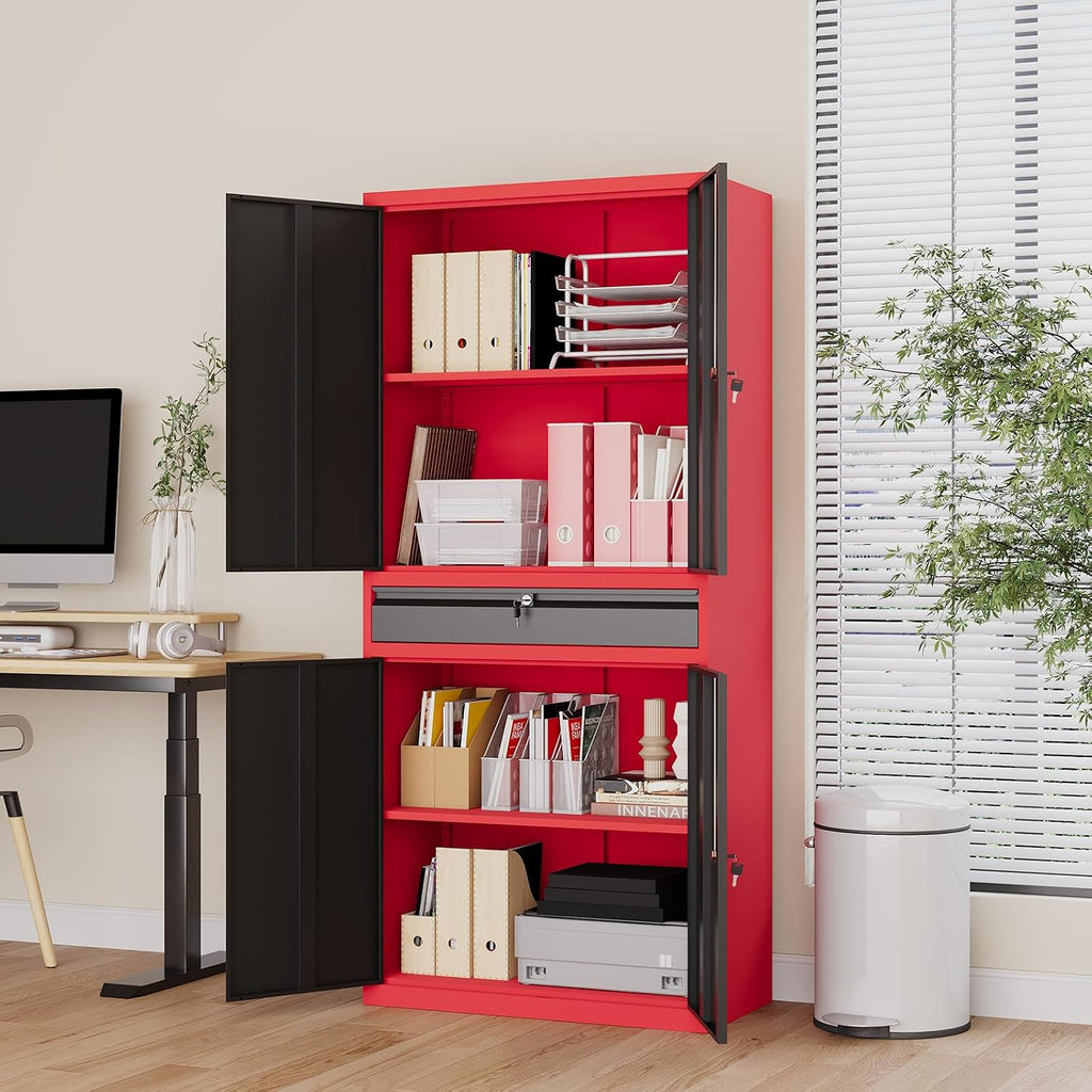 Metal Garage Storage Cabinet with Locking Doors and Drawer, 71' Steel Tool Storage Cabinet with Adjustable Shelves for Garage,Office,Warehouse (Red Black)