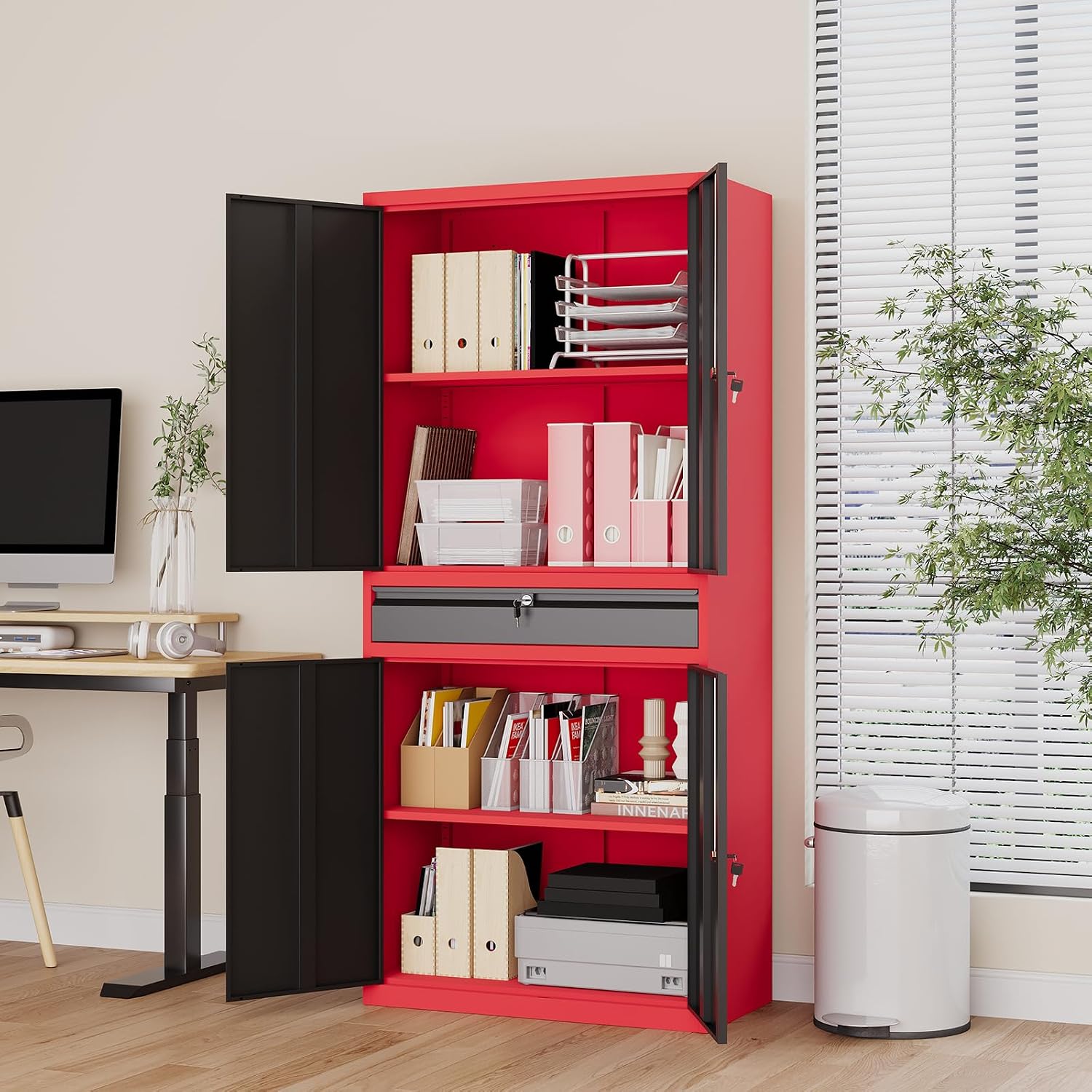Metal Garage Storage Cabinet with Locking Doors and Drawer, 71' Steel Tool Storage Cabinet with Adjustable Shelves for Garage,Office,Warehouse (Red Black)