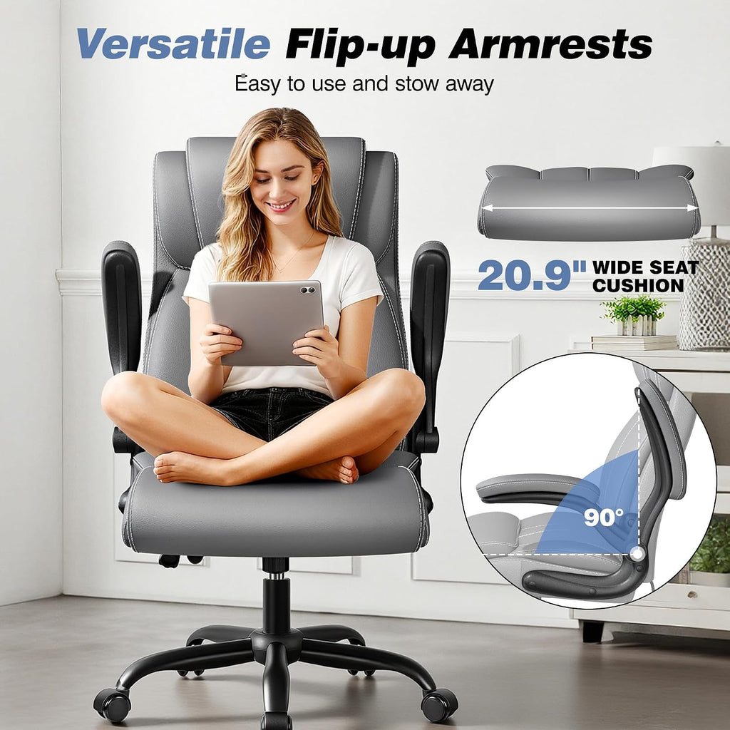 BESTFAIR Ergonomic Office Chair - Desk Computer Chair, Leather High Back Executive Chairs with Adjustable Lumbar Support for Adults, Rolling Swivel Tilt, Gray