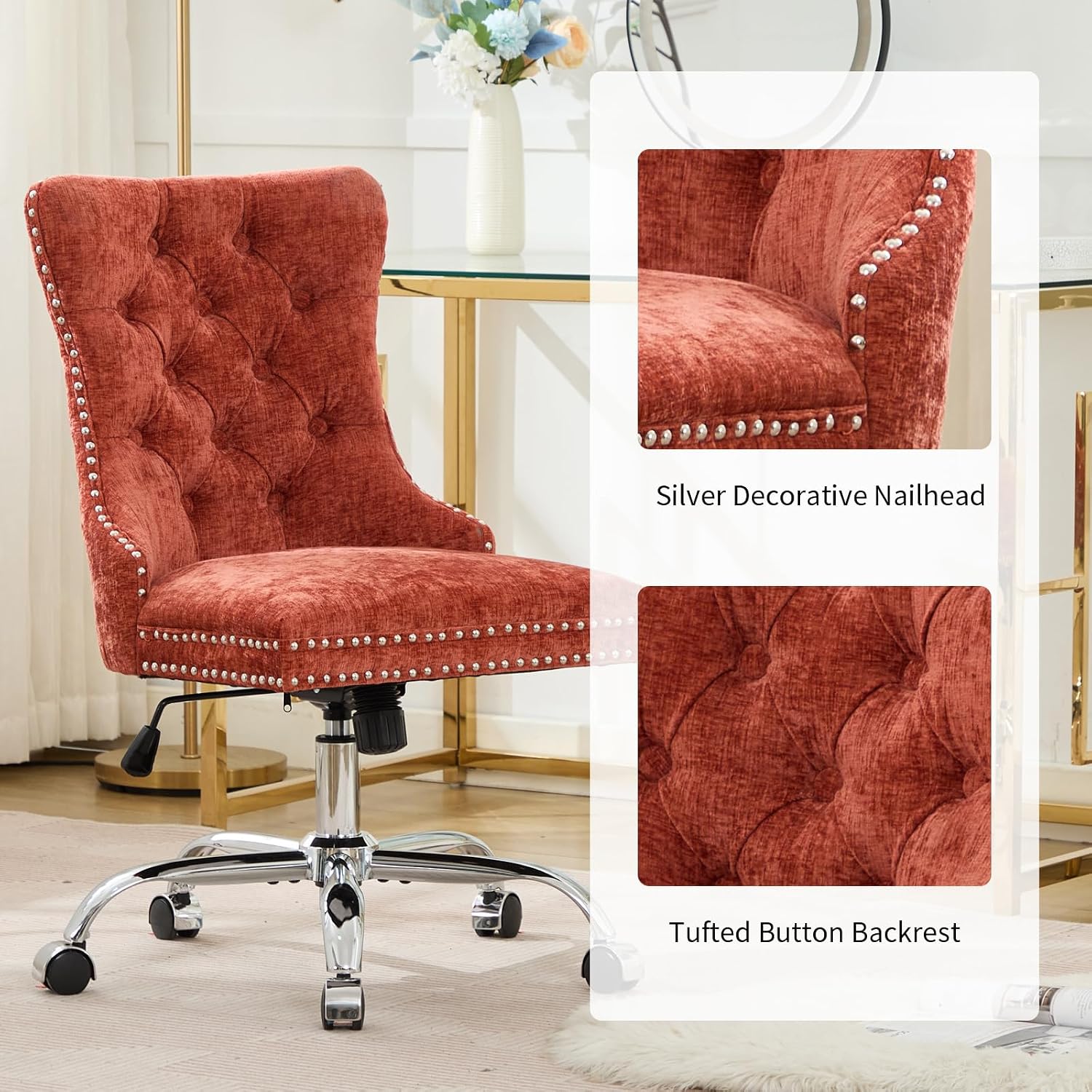 Home Office Chair with Wheels & Silver Base, Cute Chenille Fabric Makeup Vanity Chair with Tufted Back for Bedroom, Upholstered Adjustable Swivel Comfy Desk Chair for Girls Women, Orange