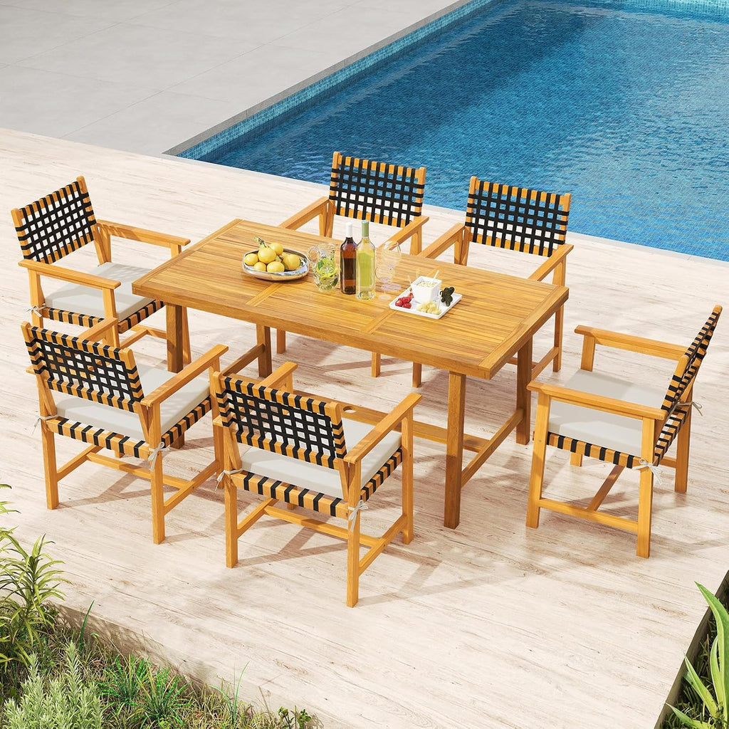 Tangkula 7 Piece Patio Dining Set for 6 People, 63' Outdoor Rectangular Acacia Wood Table with 1.97' Umbrella Hole & 6 Armchairs with Padded Seat Cushions, for Deck Yard and Poolside