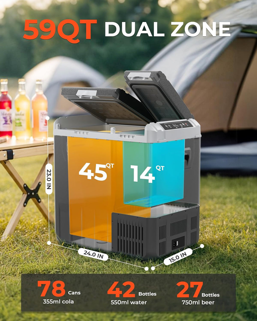 EKOJUCE 12 Volt Car Refrigerator, 59QT Electric Cooler, Dual Zone Portable Freezer with 12/24V DC & 100-240V AC, -4℉-68℉, Car Fridge for Truck Camping Travel RV Road Trips