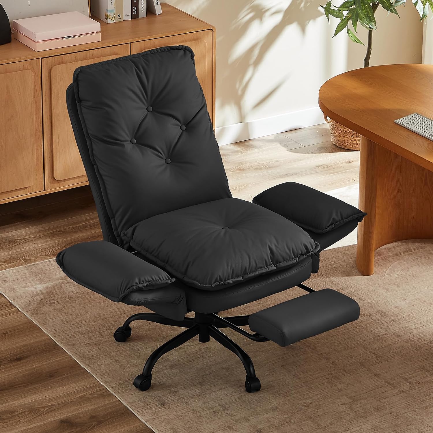 Bestier Cross Legged Office Chair with Footrest, High Back Criss Cross Chair with Reversible Armrests and Wheels, Big and Tall Reclining Office Chair for Home PU Leather Black