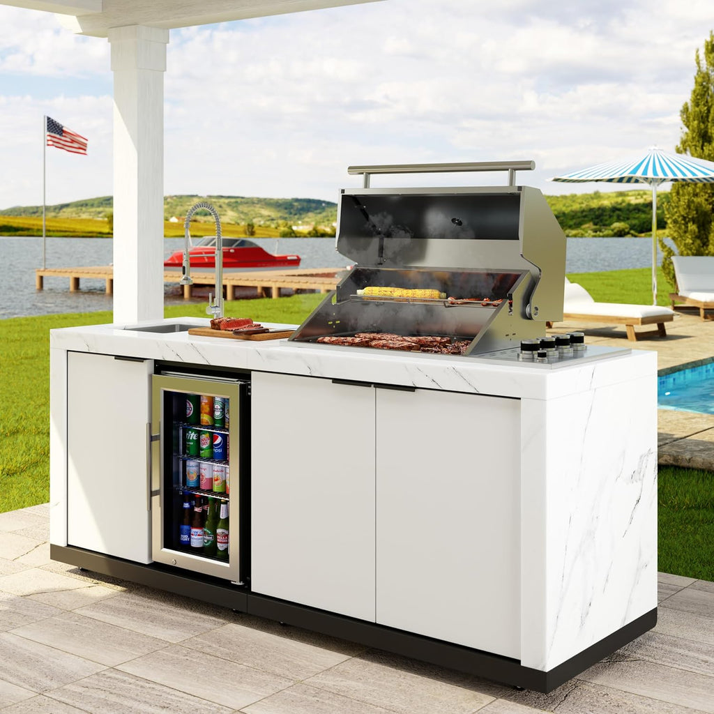 KoolMore Reserve 83 in. Outdoor Kitchen Suite with White Stone Counters and Sides, 4-Burner Grill, Stainless Steel Sink and Faucet