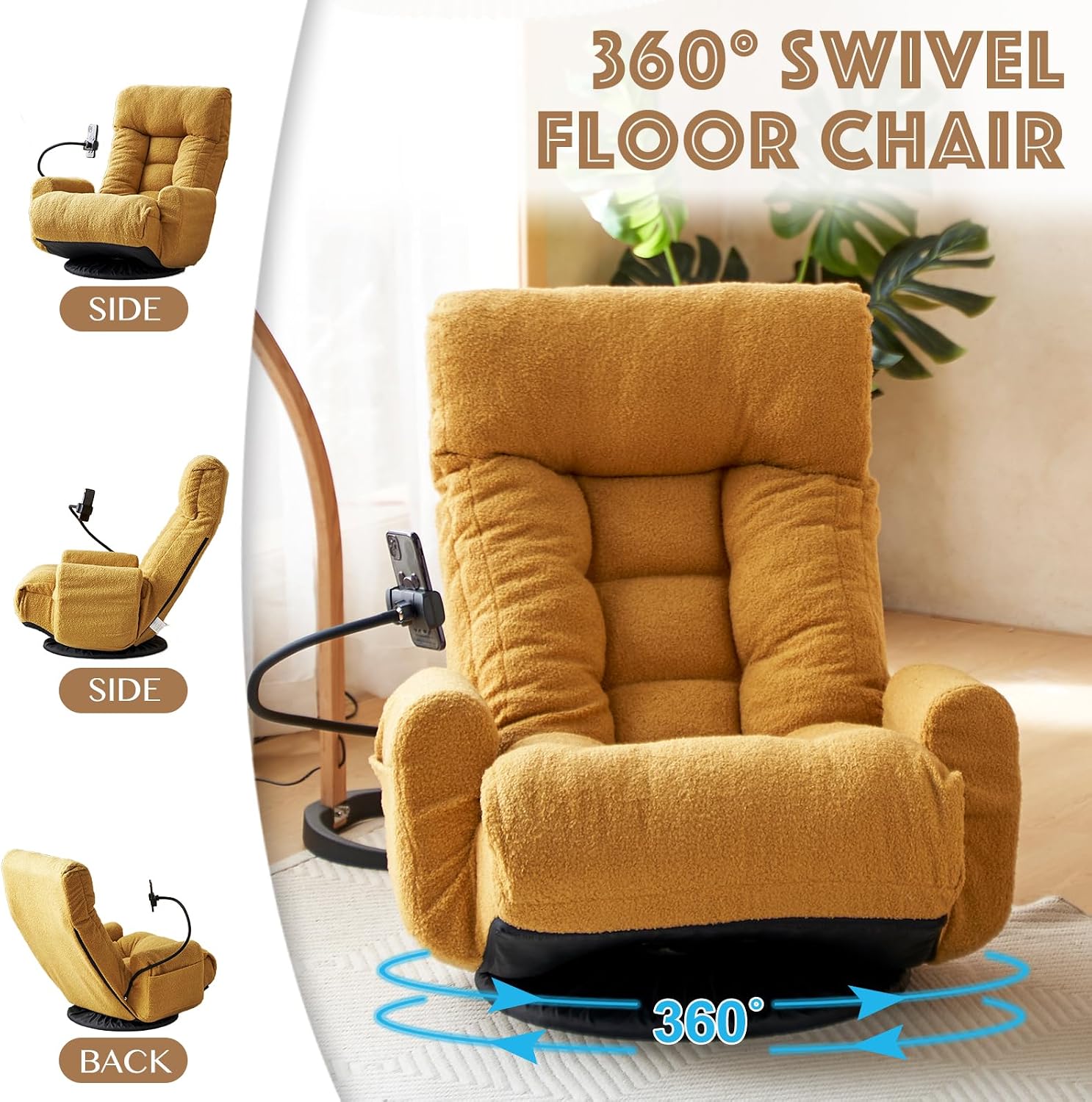 Ubyoee Swivel Floor Chair, 5 Adjustable Positions, Meditation & Gaming, Teddy Indoor Lounge Chair for Living Room, Yellow