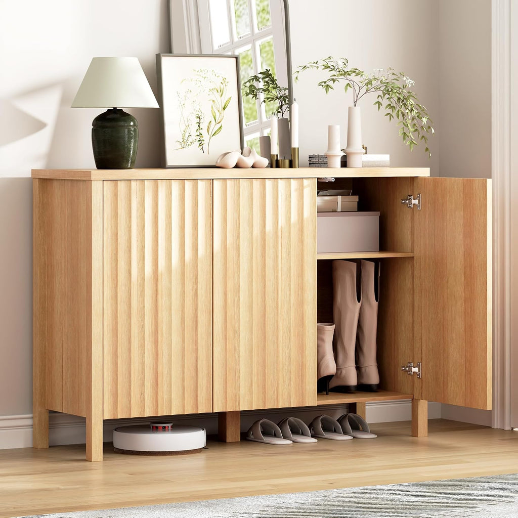 Vlsrka Shoe Cabinet with 3 Doors, Narrow Wooden Shoe Cabinet, Hidden Shoe Storage for Entryway, Foyer, Hallway (Brown D)