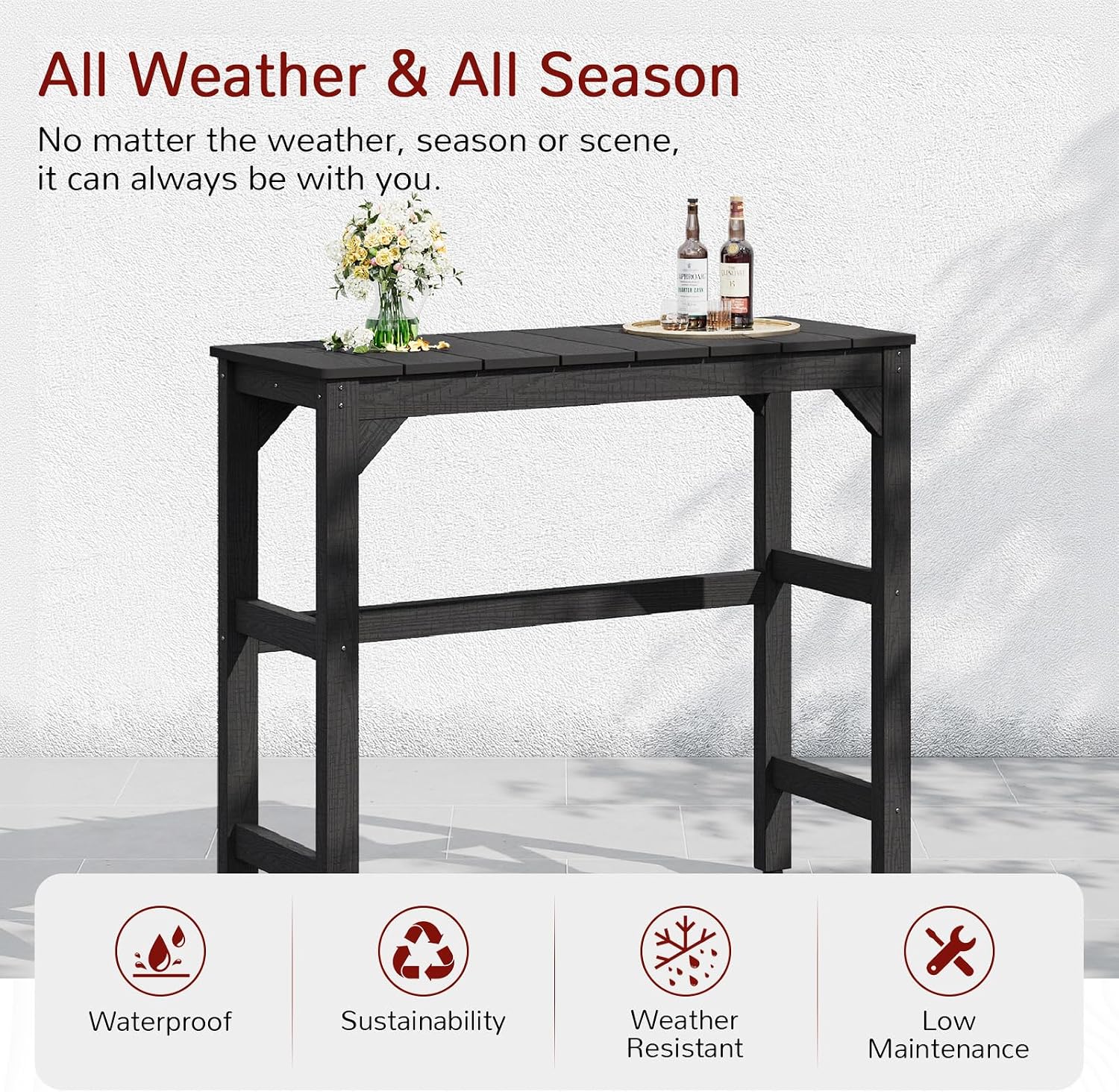 Stoog All-Weather Patio Bar Table, Outdoor Bar Table with Adjustable Feet, Patio Counter Bar Height Tables with Waterproof Top, Never Fade or Rot, for Garden, Balcony, Deck, and Poolside, Black
