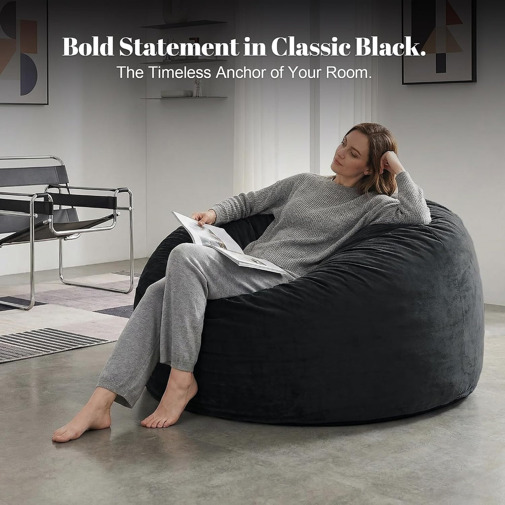 Codi Bean Bag Chair with Filler Included, 4 FT - Comfy Large Beanbag Chairs for Adults, Memory Foam Added - Machine Washable and Soft Mink Bonded Cover - Black, 4ft