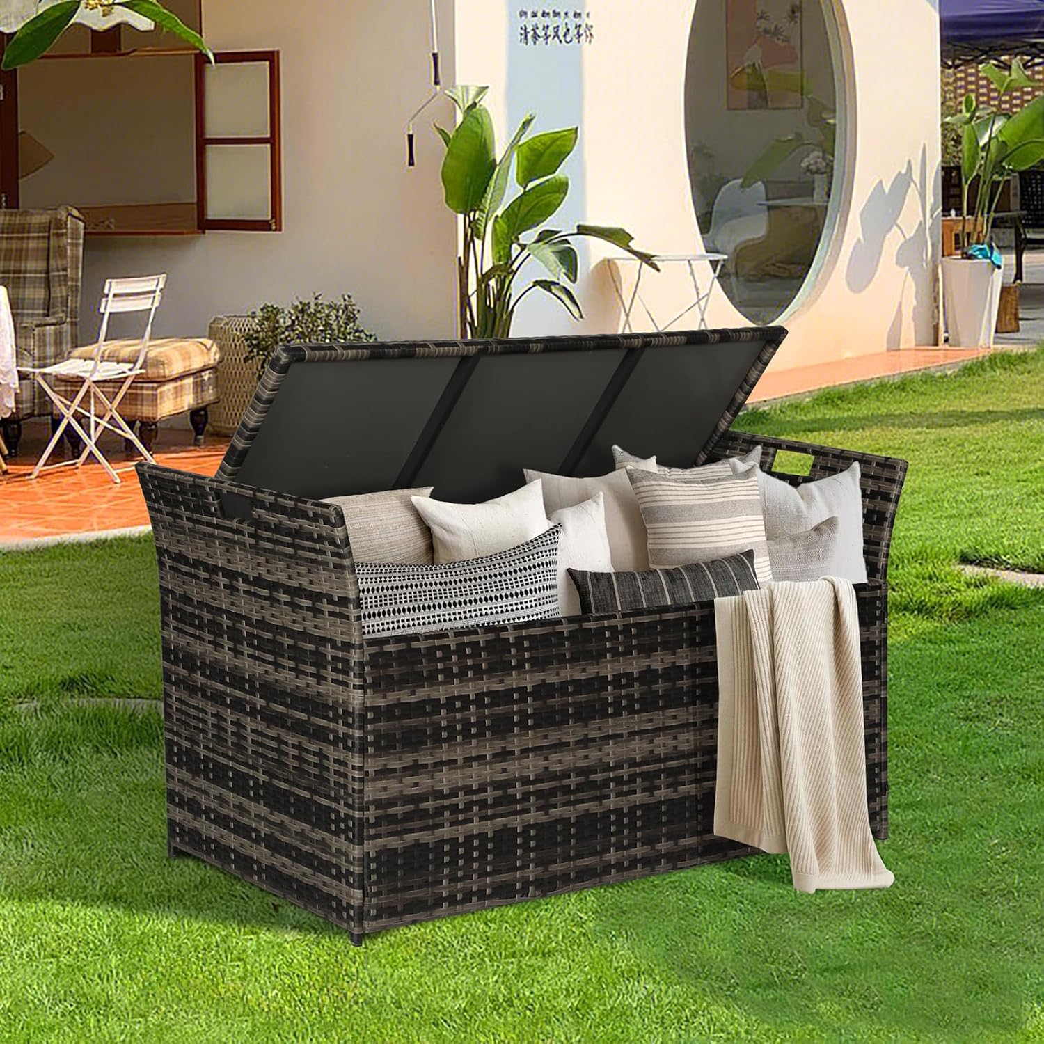90 Gallon Patio Storage Bench, Outdoor Wicker Deck Box with Cushion, PE Rattan Box with Handles (Grey)