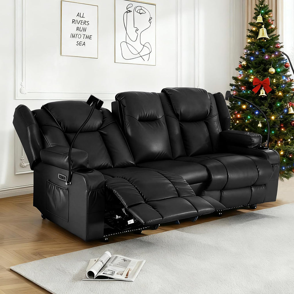 Power Recliner Loveseat for Living Room, Loveseat Sofa with Center Console, USB Type-C Port, Leather Chair with Massage and Heat, Speaker Oversized Recliner Chair for Home Theater (Black)