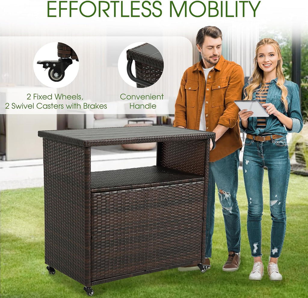 HOMEFUN Outdoor Bar Cart with Storage Cabinet - Outside Bar Table with Wheels Wicker Grill Carts Patio Kitchen Island Table Weatherproof Prep Stand, Brown
