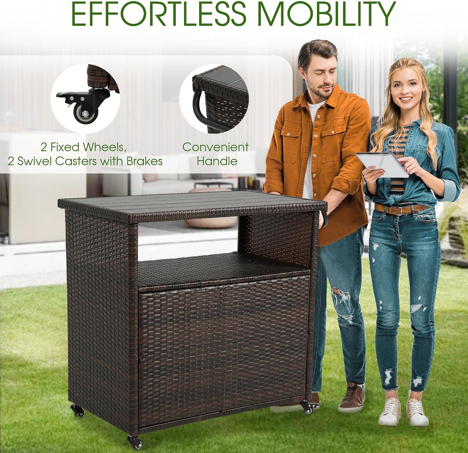 HOMEFUN Outdoor Bar Cart with Storage Cabinet - Outside Bar Table with Wheels Wicker Grill Carts Patio Kitchen Island Table Weatherproof Prep Stand, Brown