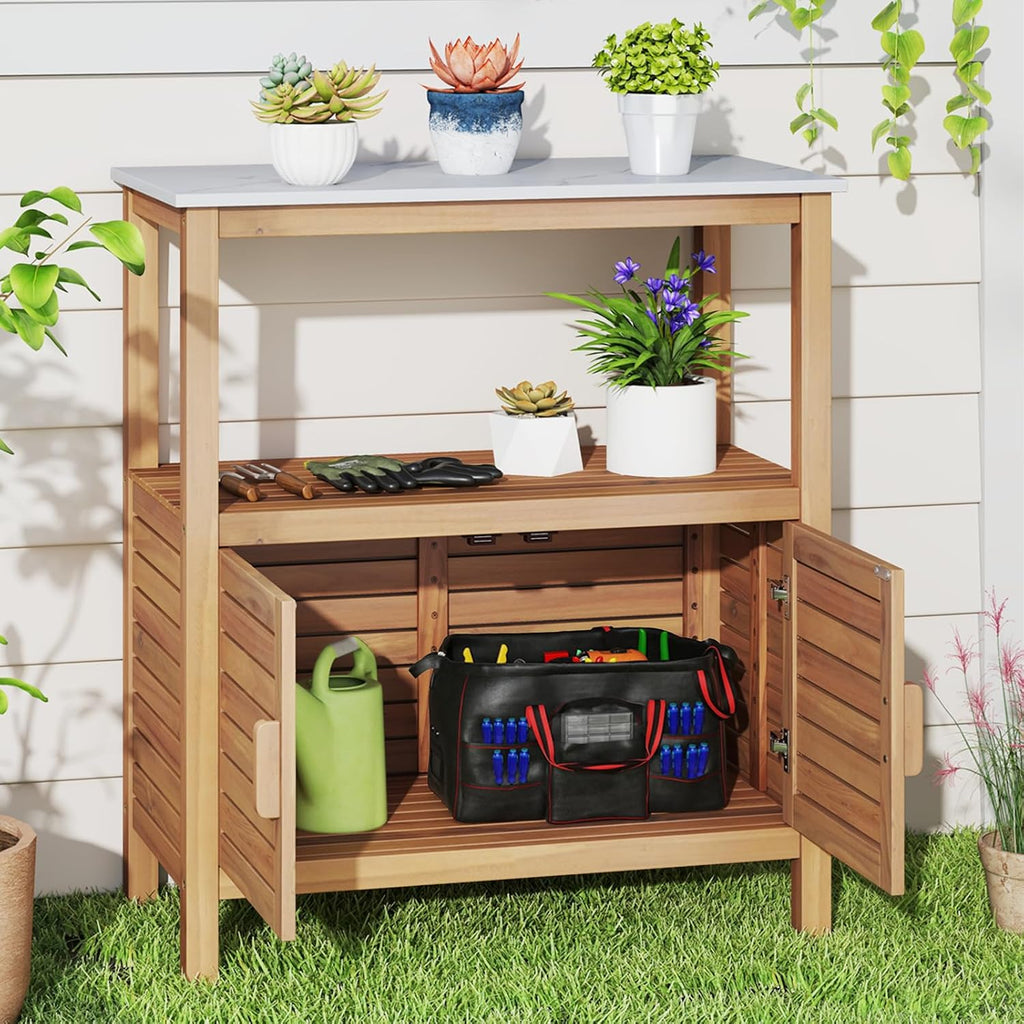 Giantex Outdoor Potting Bench, Acacia Wood Planting Workstation with 2-Door Storage Cabinet, Faux Marble Tabletop, Open Storage Shelves, Garden Potting Table for Horticulture