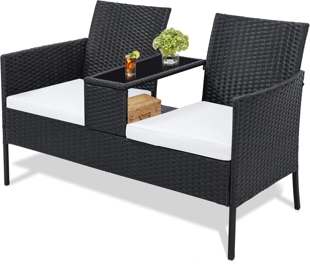 Kromax Wicker 2 Seat Patio Loveseat, Outdoor Rattan Loveseat with Table, Washable Cushion Covers, Backyard, Garden, Lawn, Black Rattan with White Cushion