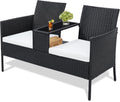 Kromax Wicker 2 Seat Patio Loveseat, Outdoor Rattan Loveseat with Table, Washable Cushion Covers, Backyard, Garden, Lawn, Black Rattan with White Cushion