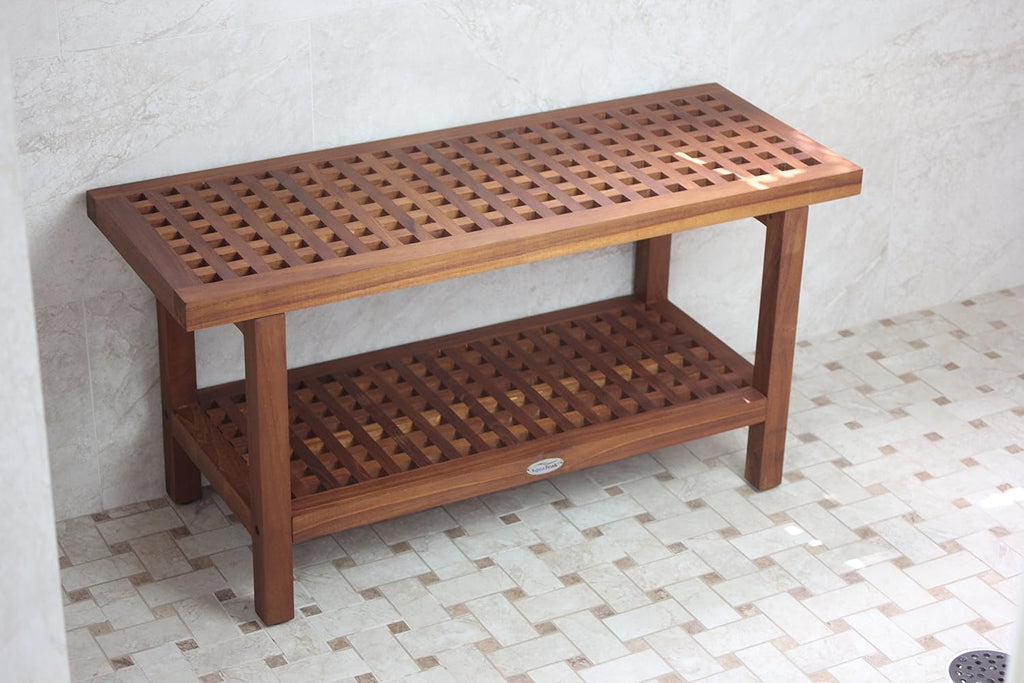 AquaTeak The Original 36' Grate Teak Shower Bench with Shelf Two-Step Care Kit