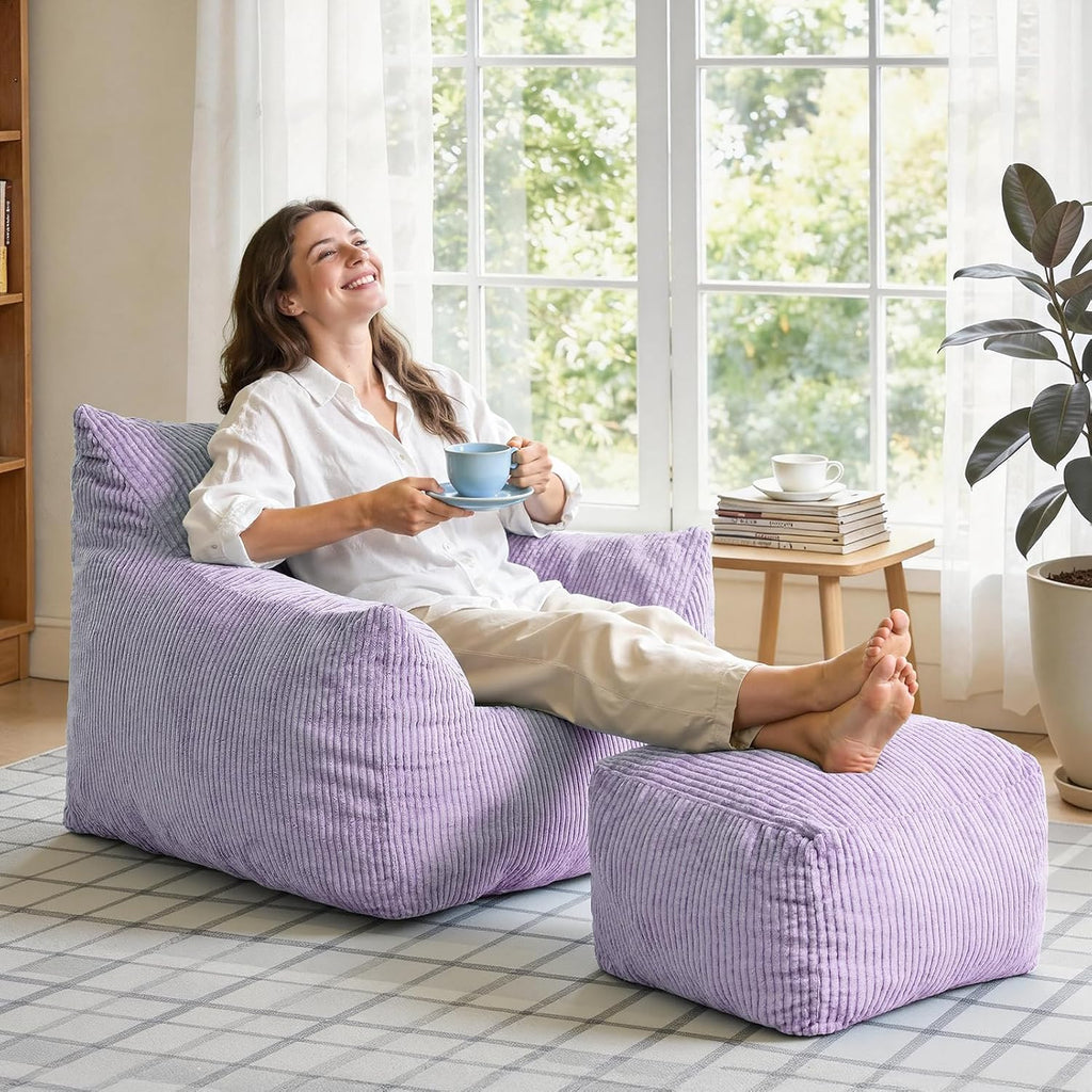 Bean Bag Chair with Ottoman, Oversized Cloud Boneless Couch, Memory Foam Beanbag Set for Adults & Teens, Plush Corduroy Comfy Chair for Bedroom, Dorm, Living Room, Gaming & Reading Nook (Purple)