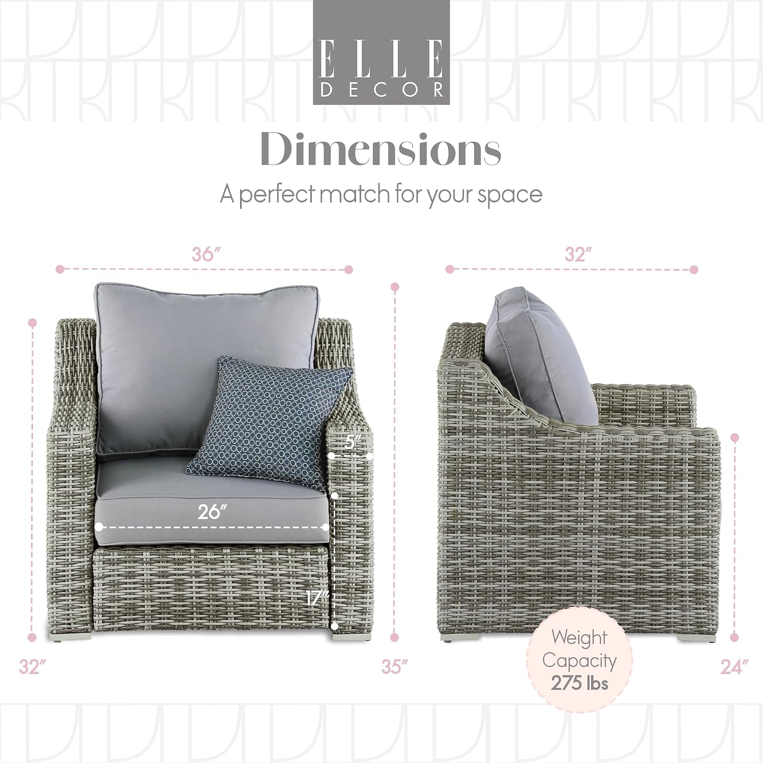 Elle Decor Vallauris Patio Outdoor Furniture Collection, Premium All Weather Wicker, Arm Chair, Gray