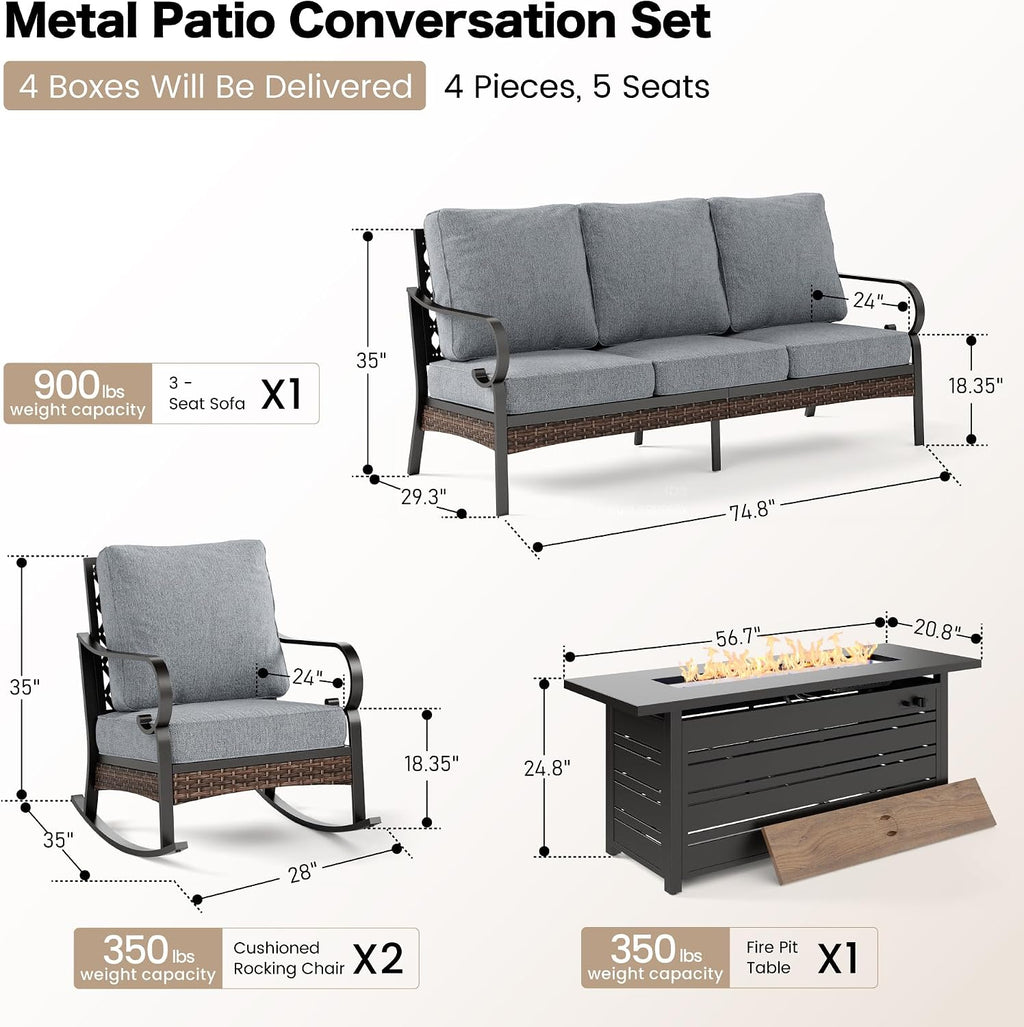 SUNSHINE VALLEY 4 Piece Black Metal Outdoor Patio Furniture Sets with Firepit Table, Patio Conversation Sets 1 3-Seater Sofa, 2 Rocking Sofa with 5.75' Thick Cushion Backyard Furniture for Deck, Gray