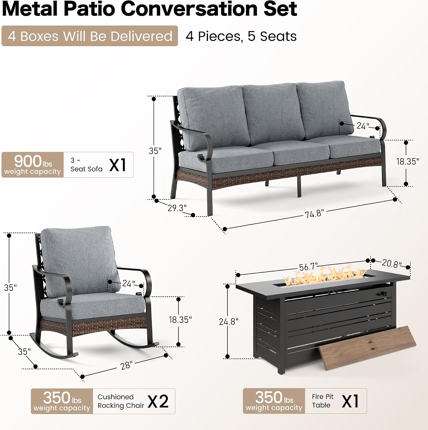 SUNSHINE VALLEY 4 Piece Black Metal Outdoor Patio Furniture Sets with Firepit Table, Patio Conversation Sets 1 3-Seater Sofa, 2 Rocking Sofa with 5.75' Thick Cushion Backyard Furniture for Deck, Gray