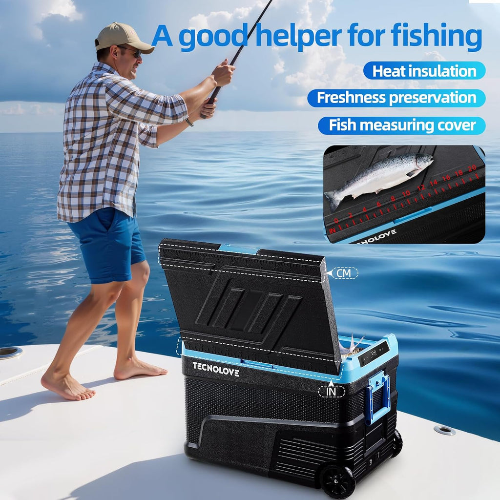 45L Car Refrigerator Freezer, -4℉~68℉ 48QT Single Zone Portable Compressor Cooler with Reversible Door, Battery Slot, All-Terrain Wheels, 100–240V AC / 12V / 24V DC Powered, LED Light – Ice Blue