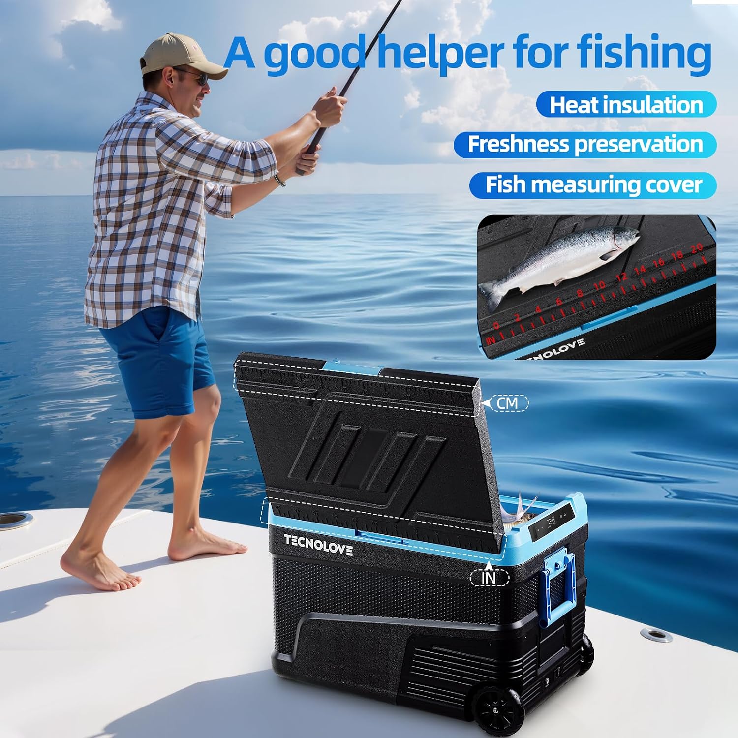 45L Car Refrigerator Freezer, -4℉~68℉ 48QT Single Zone Portable Compressor Cooler with Reversible Door, Battery Slot, All-Terrain Wheels, 100–240V AC / 12V / 24V DC Powered, LED Light – Ice Blue