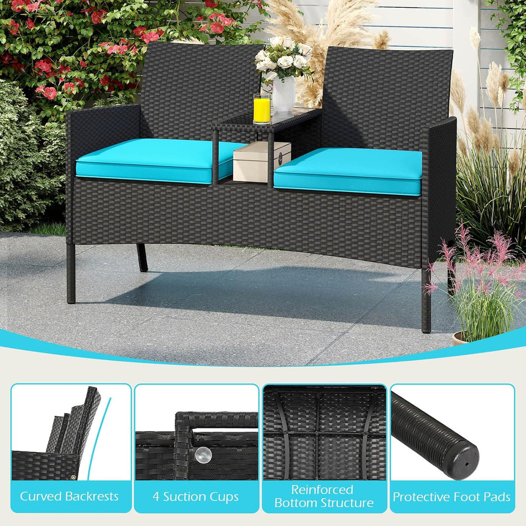 Tangkula Patio Loveseat with Built-in Table, Wicker 2-Seat Furniture with Soft Cushions & Tempered Glass Tabletop, Metal Frame Outdoor Conversation Seating Bench for Backyard, Porch