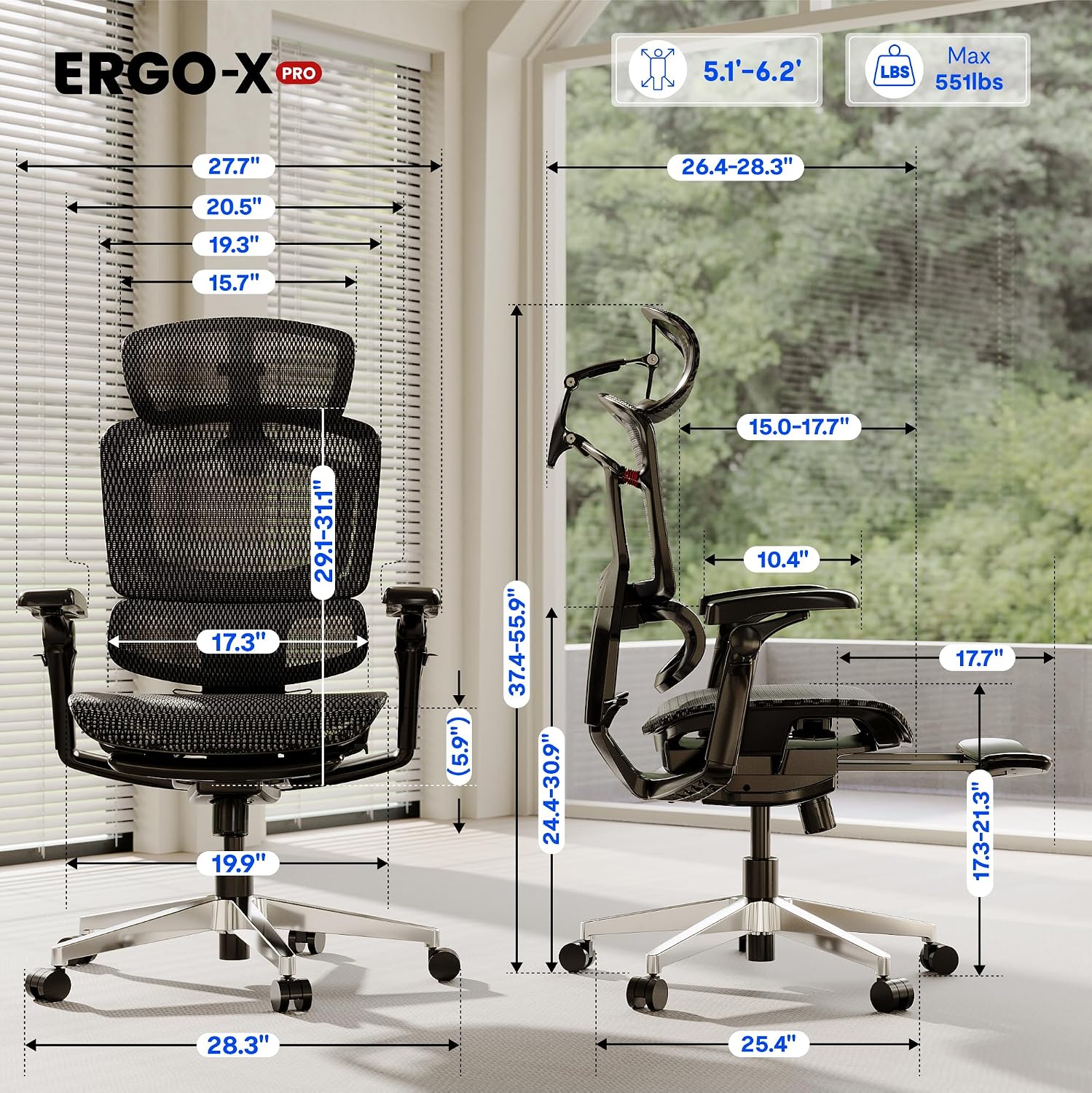 FLEXISPOT ErgoX-PRO Ergonomic Office Chair with Footrest Black – AeroWeave 5.0 Mesh Seat, 5D Lumbar, 7D Armrests, 4D Headrest, 551LBS Capacity – Office, Gaming, Home