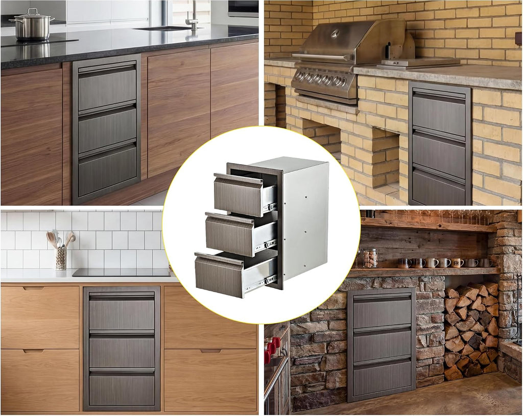 Outdoor Kitchen Cabinets Triple Kitchen Drawer for Outdoor Kitchen Island, 14.7' W Flush Mount Outdoor Cabinet for BBQ Grill Station, Heavy Duty Steel Cabinet for Outdoor Storage