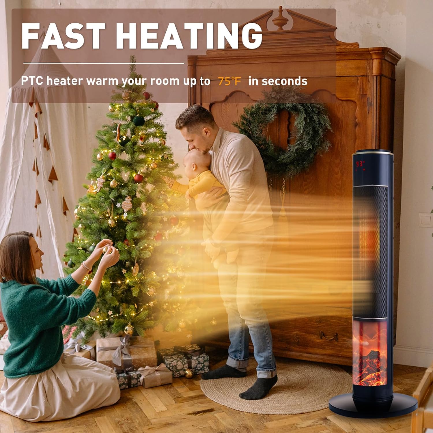 Portable Electric Space Heater for Large Room 37' Ceramic Tower Heater with 3D Flame for Room Heating,Oscillating,Remote Control,Tipover &overheating protection for Indoor Use(Black-I)
