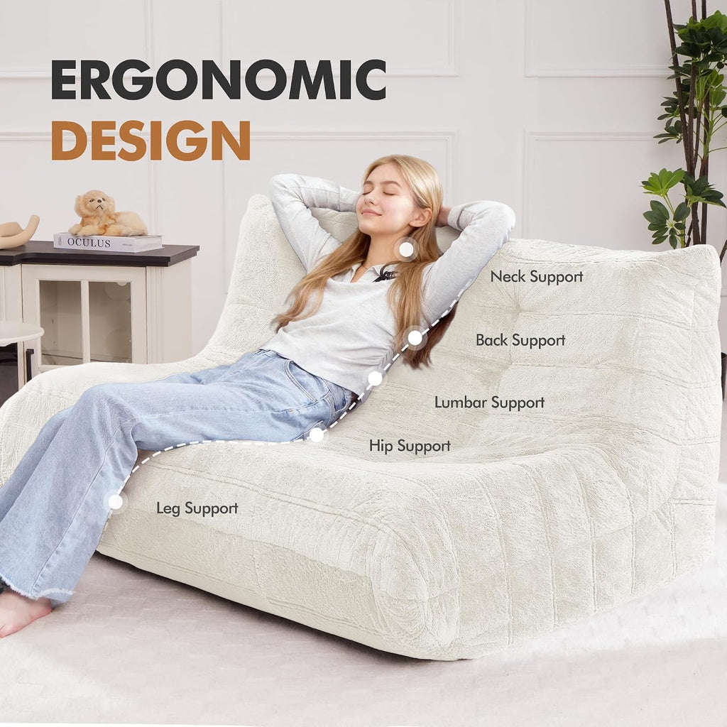 Bean Bag Loveseat Chair Big Sofa Beanbag Chair for Adults Fireside Chair Bean Bag Lounger with Memory Foam Filled for Home,Apartment or Gaming Venue（Beige Plush）