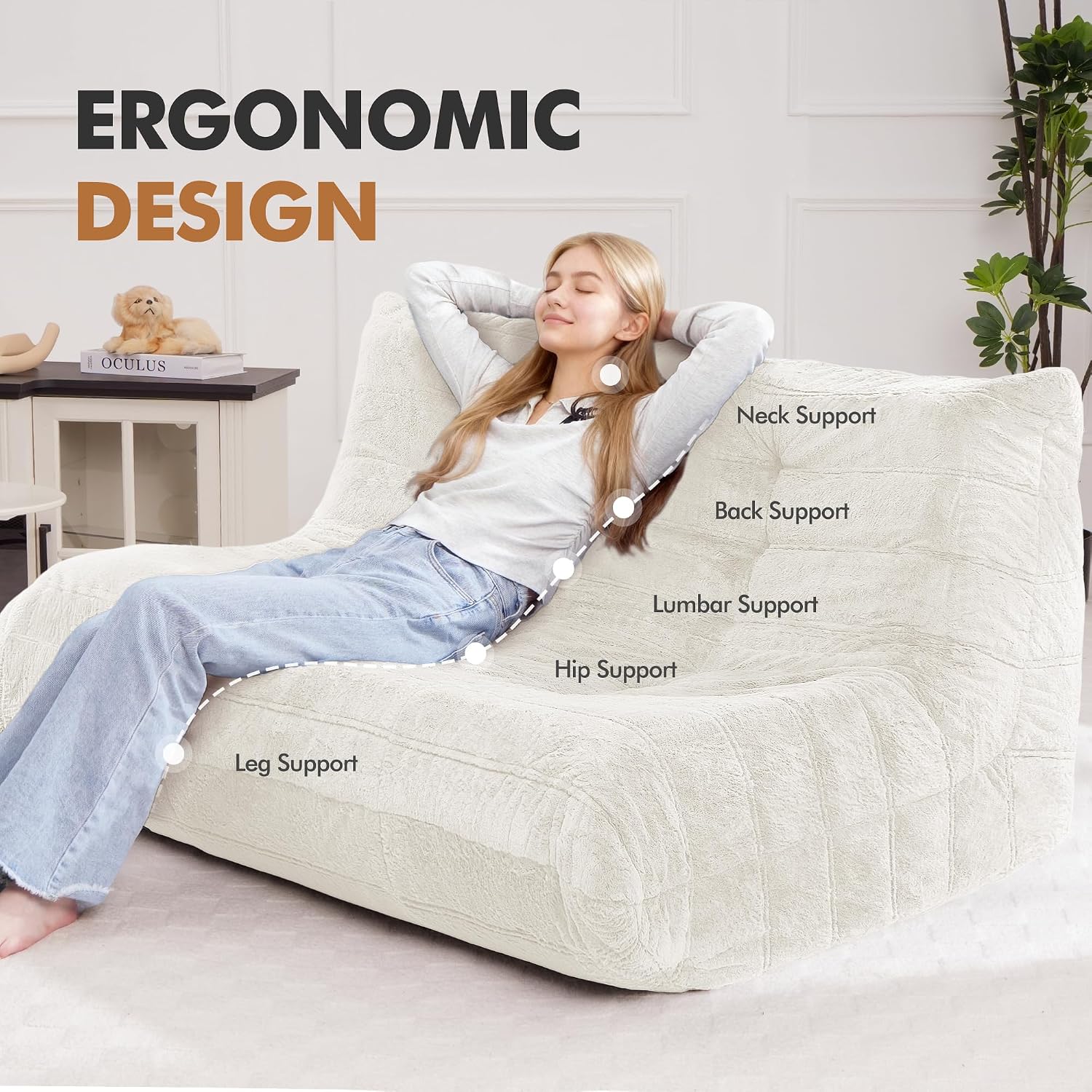 Bean Bag Loveseat Chair Big Sofa Beanbag Chair for Adults Fireside Chair Bean Bag Lounger with Memory Foam Filled for Home,Apartment or Gaming Venue（Beige Plush）