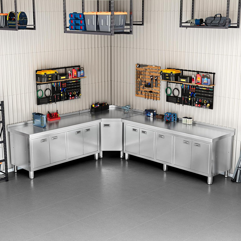 WWK 59' x 21' Stainless Steel Prep Table with Cabinet, Commercial Kitchen Table for Prep & Work, Heavy Duty Work Table with 4 Doors for Kitchen, Restaurant, Hotel, Garage and Cafe