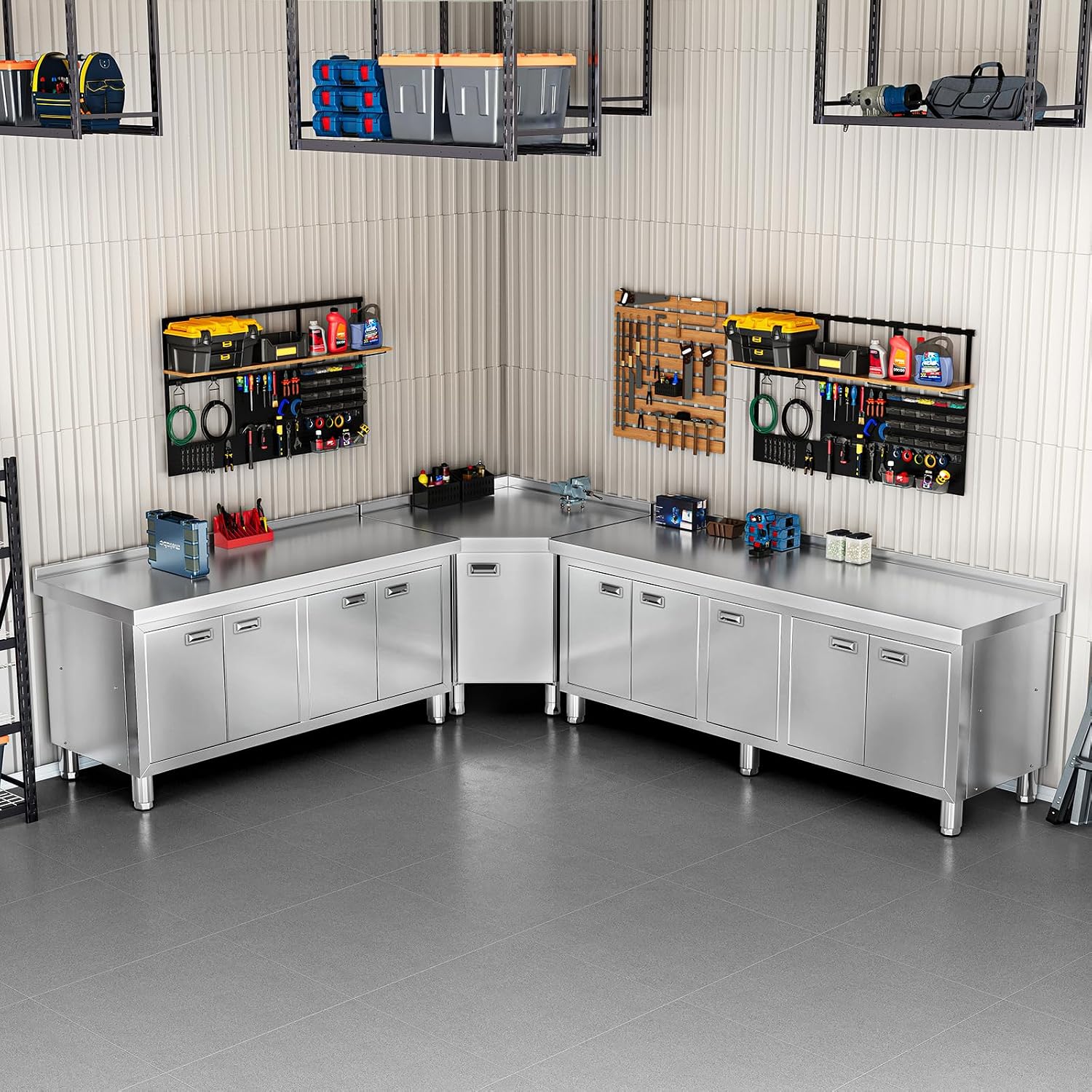 WWK 59' x 21' Stainless Steel Prep Table with Cabinet, Commercial Kitchen Table for Prep & Work, Heavy Duty Work Table with 4 Doors for Kitchen, Restaurant, Hotel, Garage and Cafe