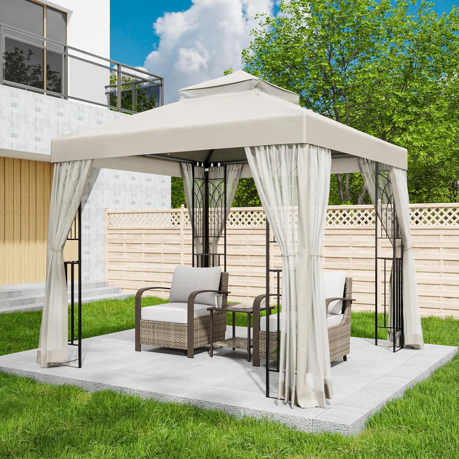 EAGLE PEAK 8x8 Patio Gazebo with Mesh Netting, Double Roof Outdoor Pavilion with Corner Shelves for Lawn, Deck, Garden and Backyard, Beige
