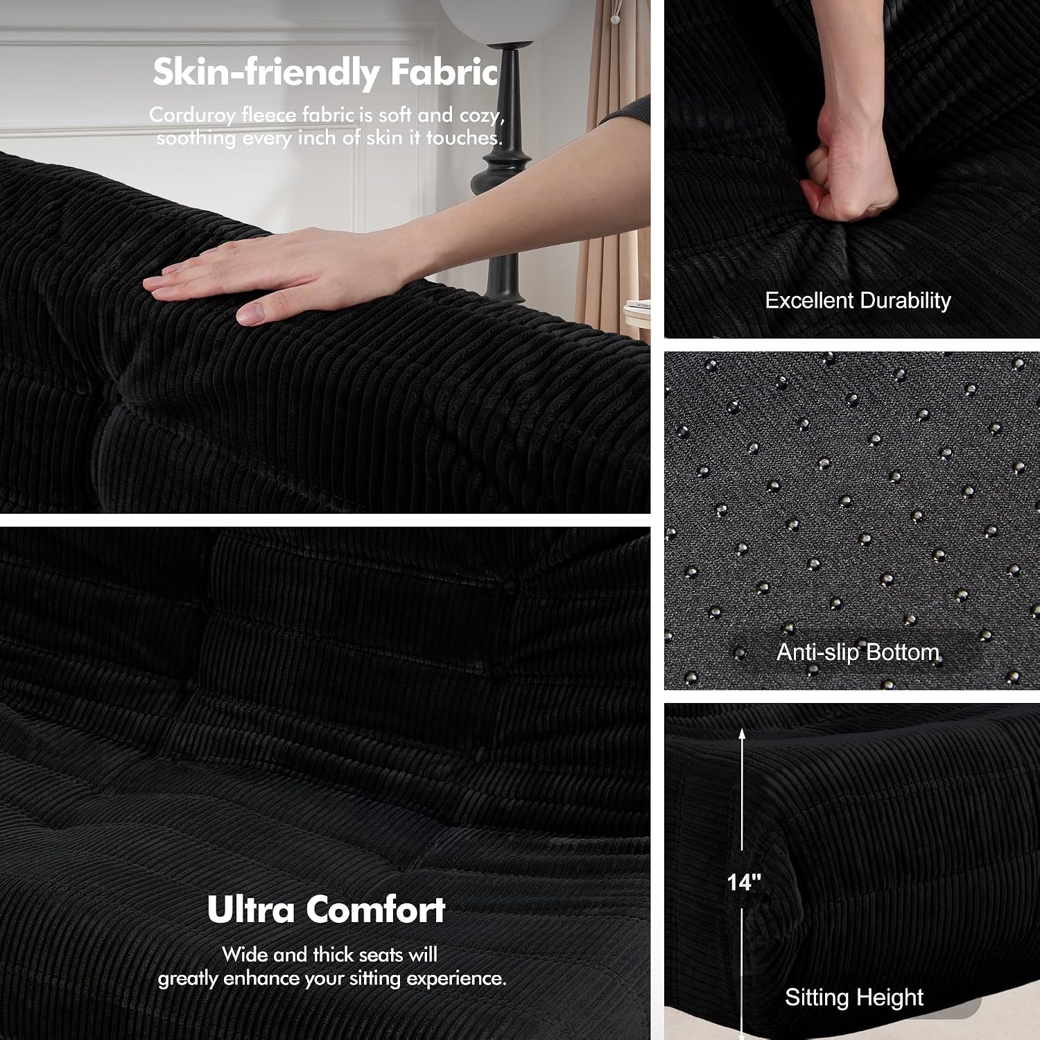 Bean Bag Chair,Giant Beanbag Chairs for Adults,Comfy Large Fireside Chair Lazy Sofa,Corduroy Bean Bag Lounger with Memory Foam Filled,Floor Sofa Couch for Home,Living Room (Black, Loveseat)