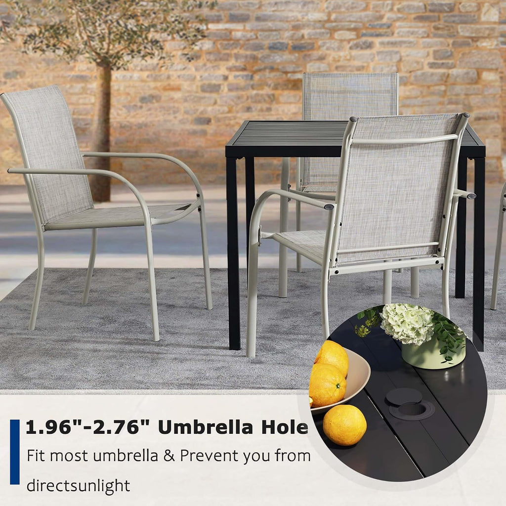 5 Pieces Patio Dining Set for 4, Grey Patio Stackable Chairs and Black Square Table Set of 4, Outdoor Furniture Set with Sling Support for Outside, Garden