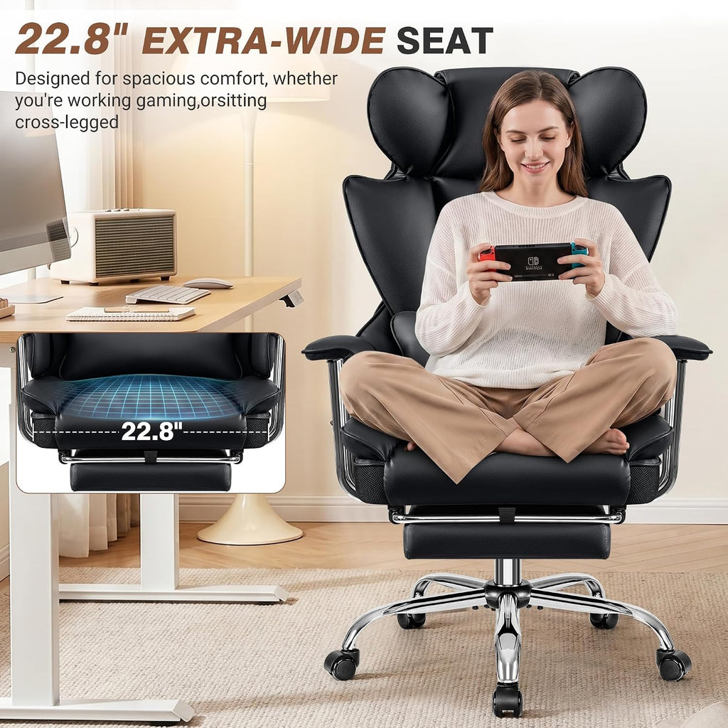 ALLGOD Office Chair Comfy, Big and Tall Executive Leather Chair, High Back Ergonomic Wide Chair with Footrest, Reclining Computer Desk Chair, Heavy Duty Gaming Chair with Padded Arm and Pillow, Black