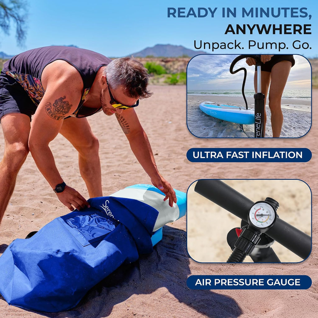 SereneLife Inflatable Stand Up Paddle Board - Wide Stable Design, Non-Slip Deck for Adults & Youth with Premium Paddle Board Accessories: Carry Bag, Dual Action Pump, Paddle, Ankle Leash - 10'