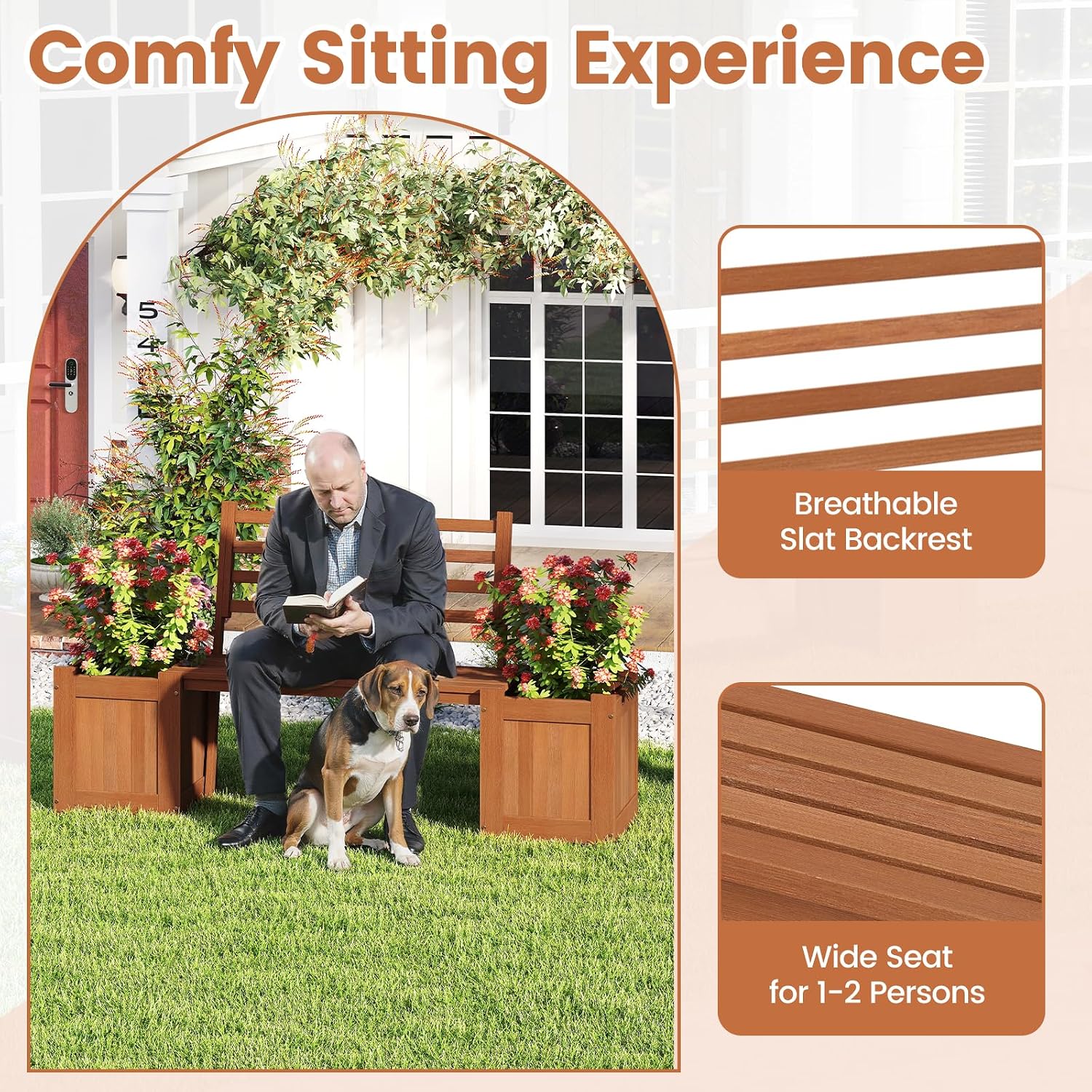 Giantex 2-in-1 Outdoor Bench with Backrest & 2 Raised Garden Beds, Wood with Teak Oil Finish, Planter Boxes with Open-Ended Base, Garden Bench Seat for Porch Balcony Lawn Yard, DIY Assembly