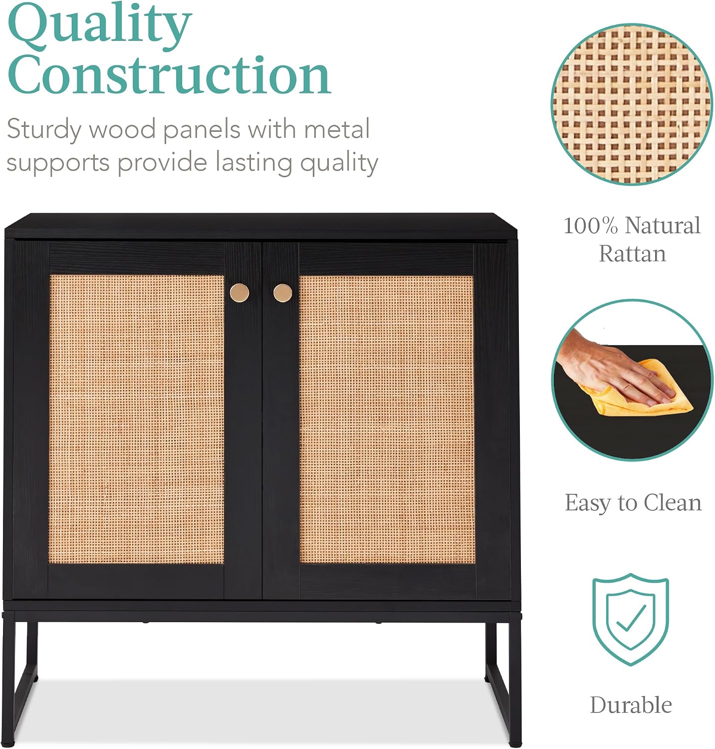 Best Choice Products 2-Door Rattan Storage Cabinet, Accent Furniture, Multifunctional Cupboard for Living Room, Hallway, Kitchen, Sideboard, Buffet Table w/Non-Scratch Foot Pads - Black