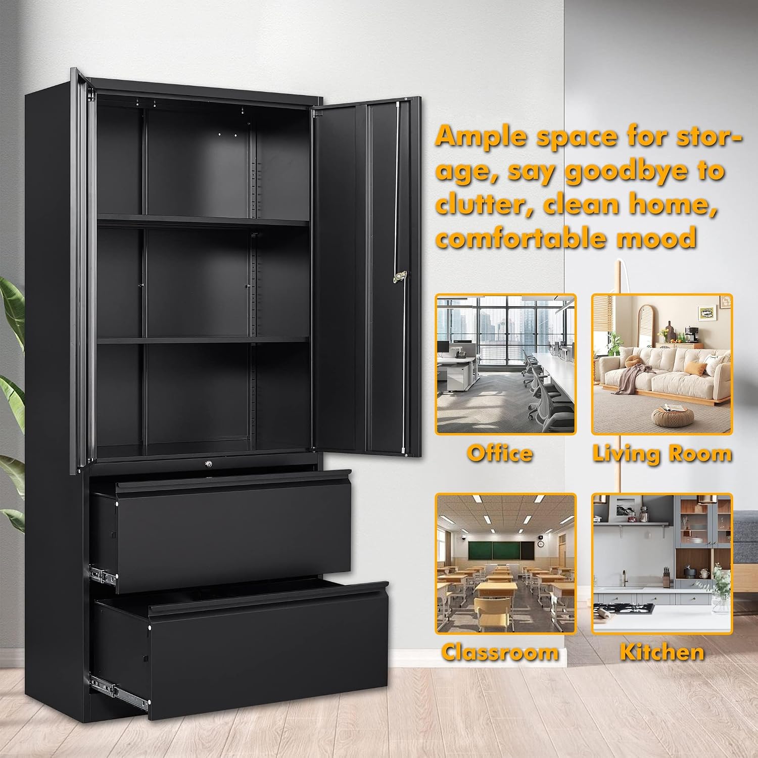 STANI 2 Drawer Lateral File Cabinet - Metal Storage Cabinet with Locking Drawers for Letter/A4 Size Files (Black)
